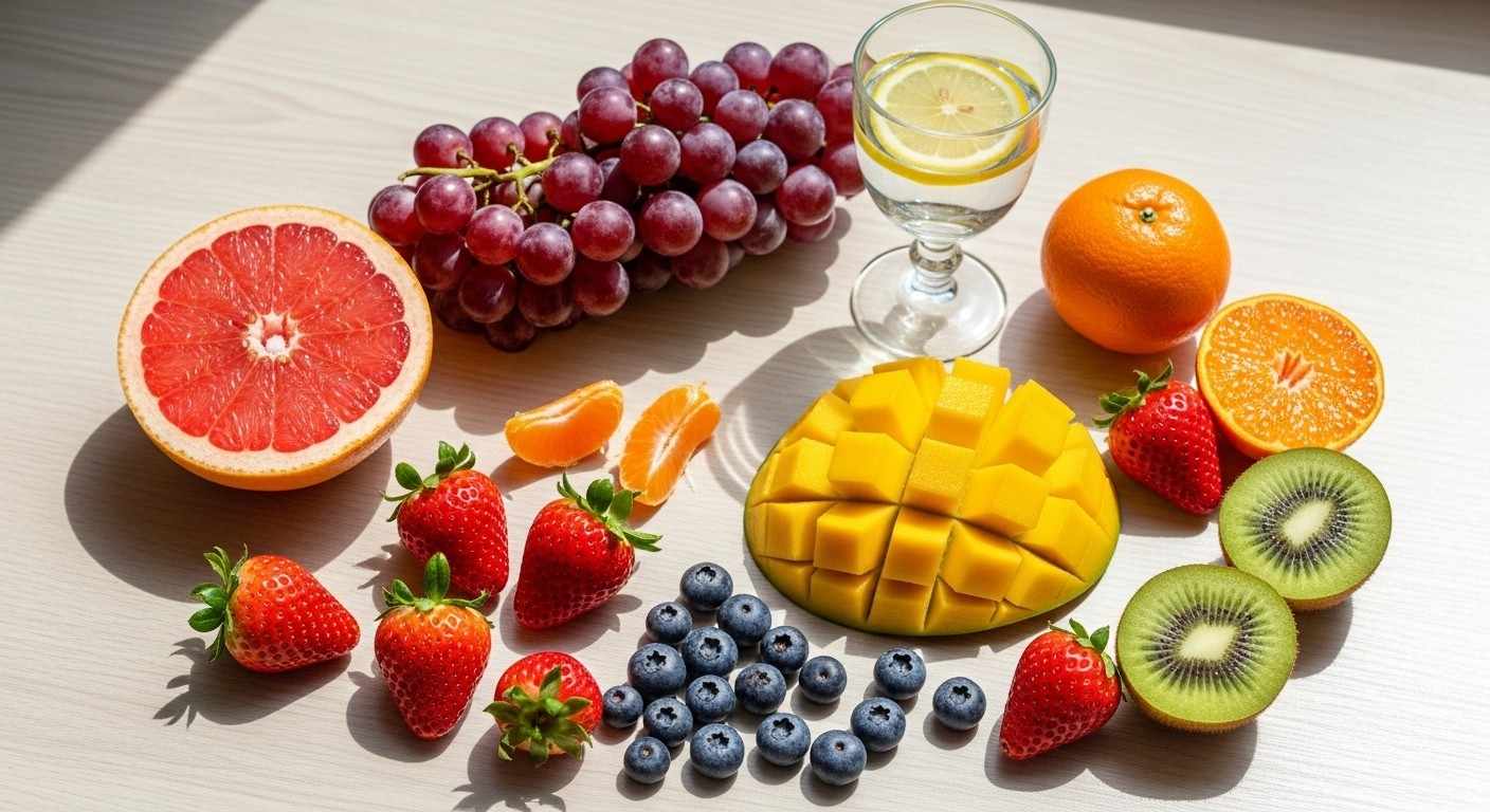 Assorted glasses of fresh juices - citrus, green, berry, and tropical